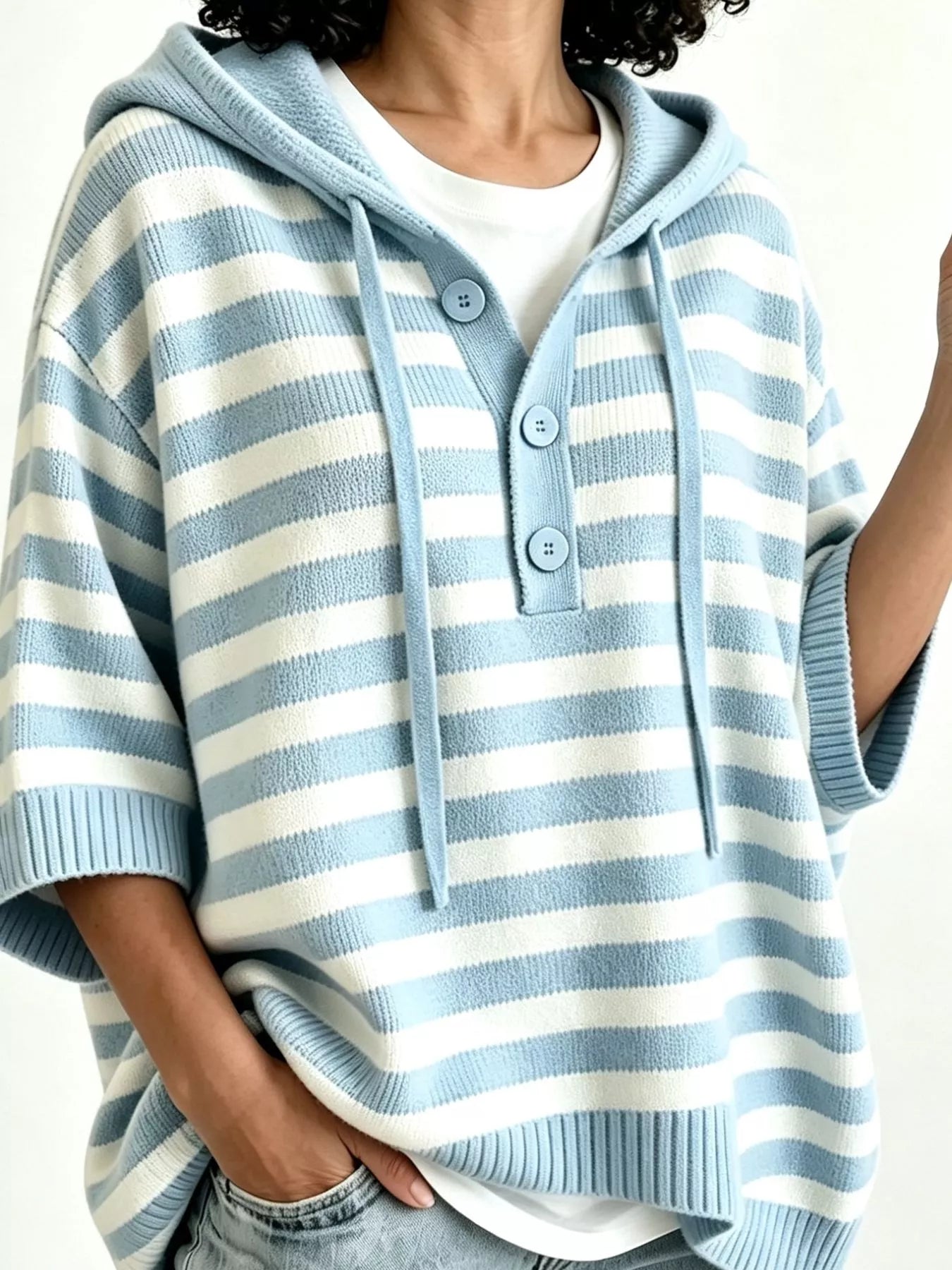 Trendsi Striped Hooded Sweater with Button Detail -