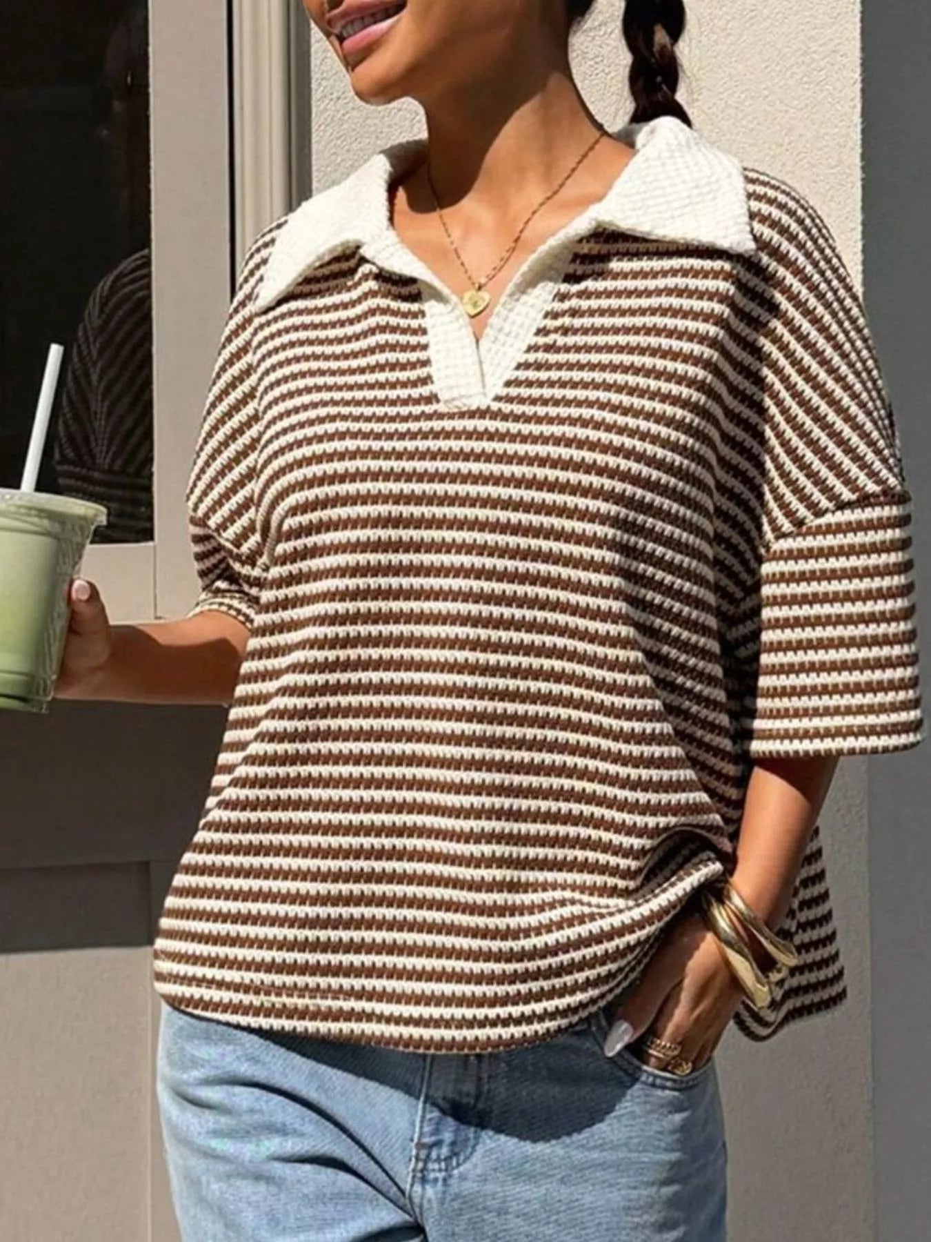 Trendsi Striped Knit 3/4 Sleeve Polo Top -