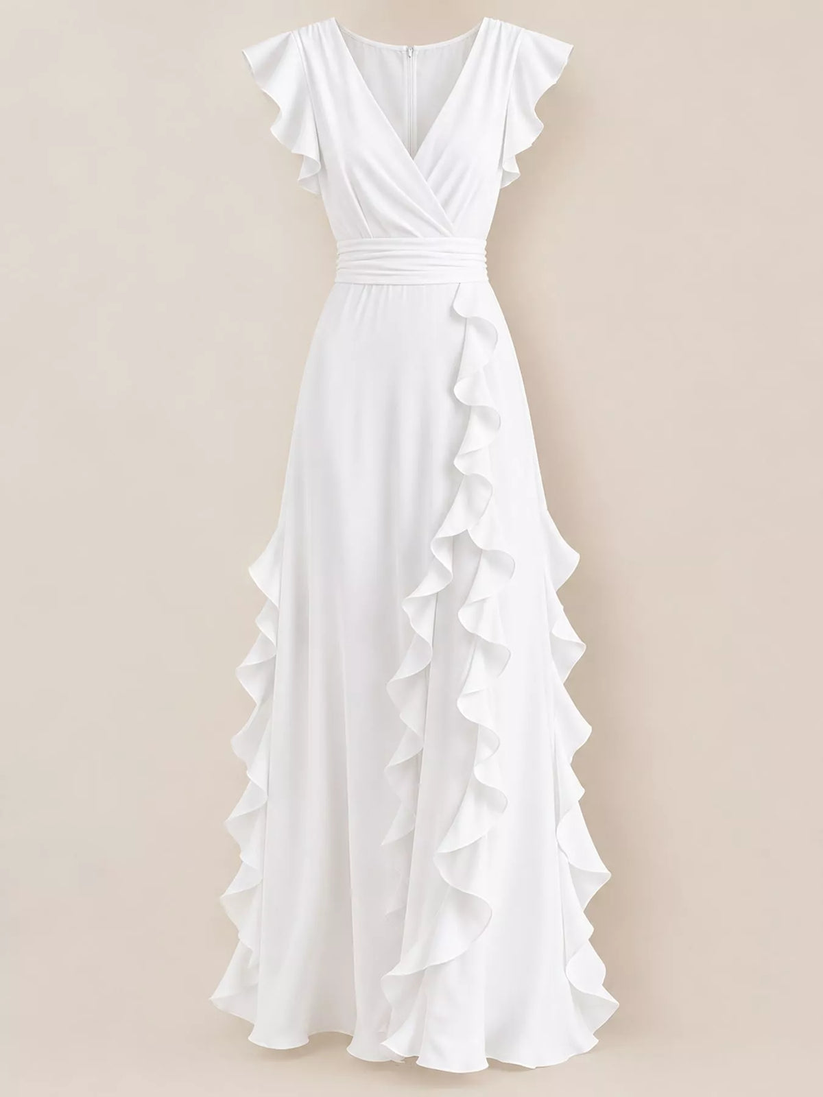 White ruffled surplice maxi dress, front product view