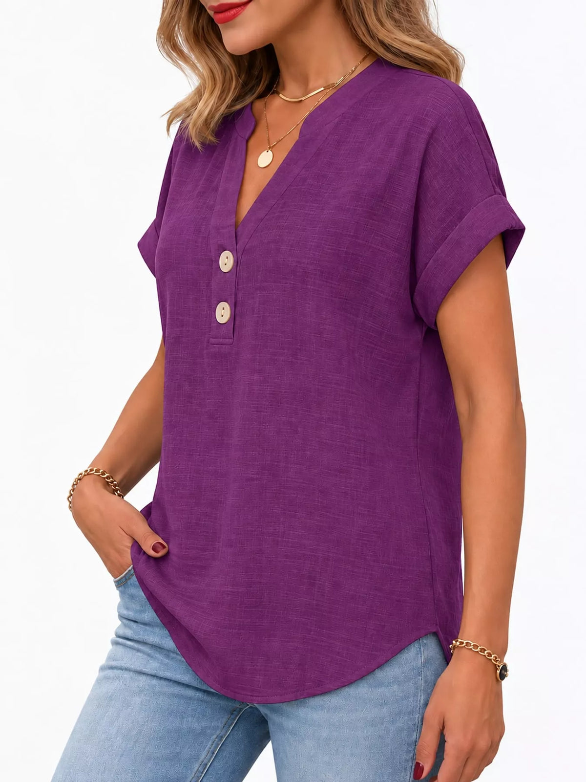 Purple button detail short sleeve blouse, side view