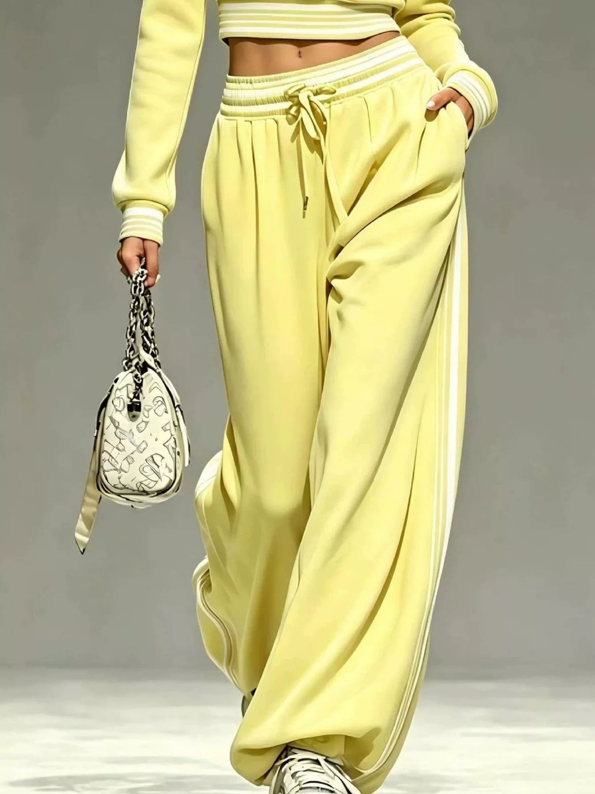 Yellow half-zip crop top and pants set, pants detail