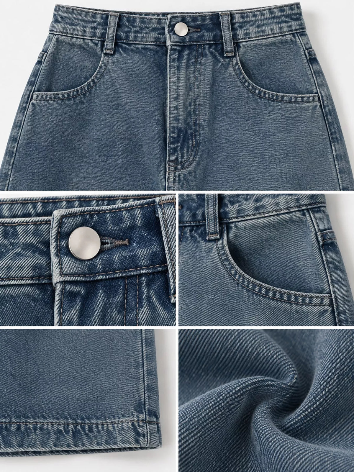 High-waisted denim midi skirt — light blue waist pocket and fabric details