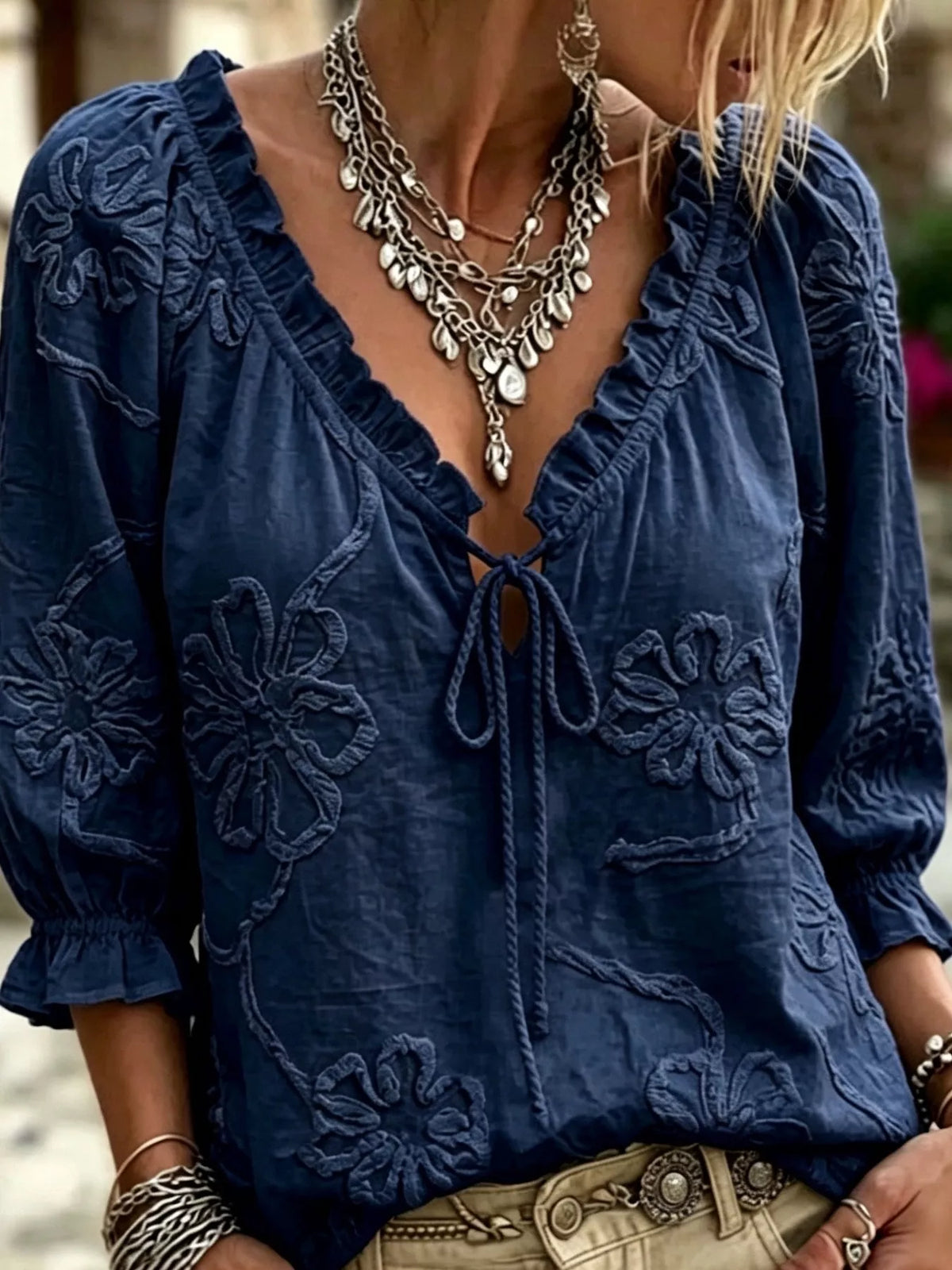 Floral Tie Neck 3/4 Sleeve Blouse in navy, front view