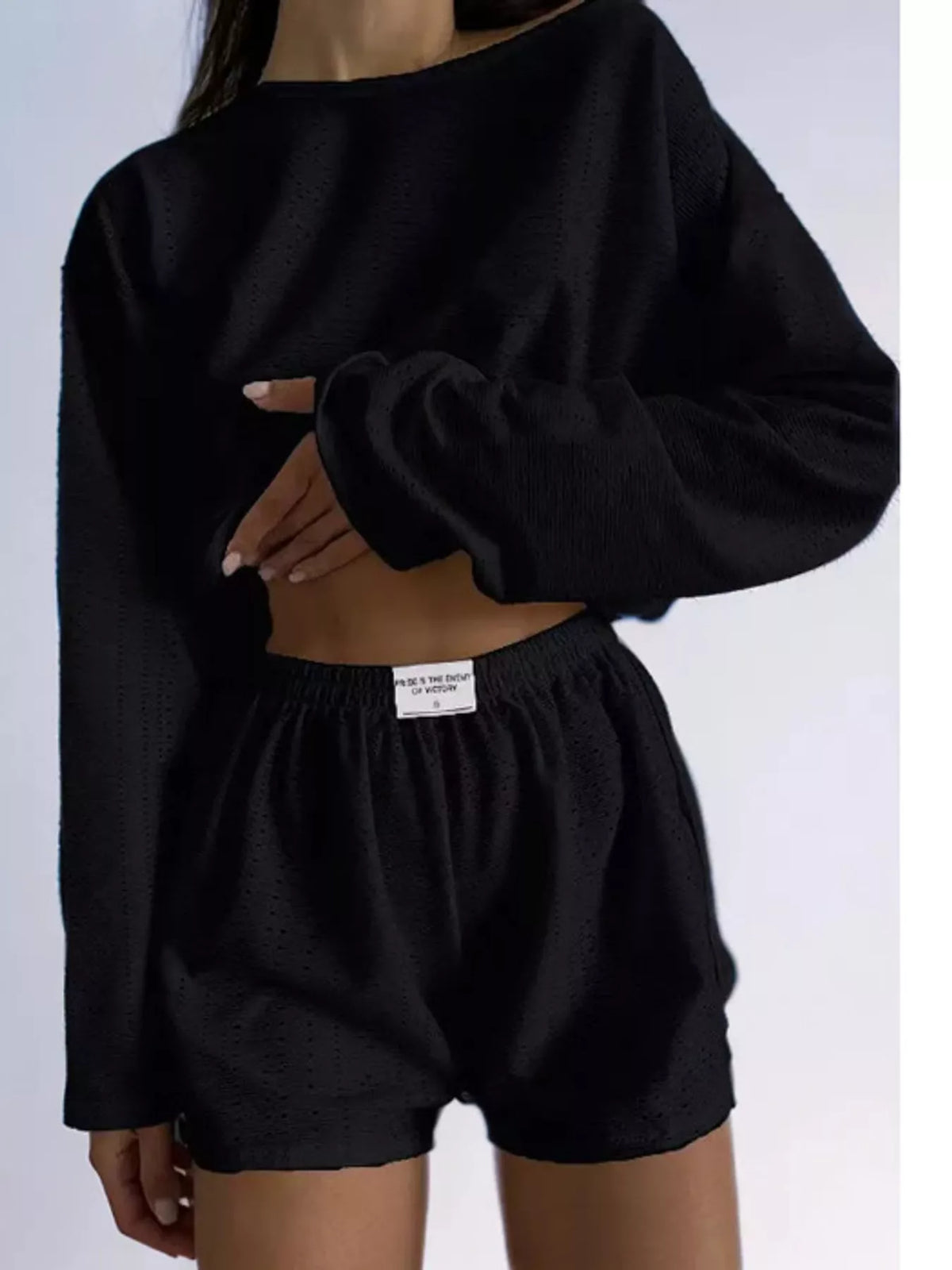Eyelet Long Sleeve Top and Shorts Lounge Set in black