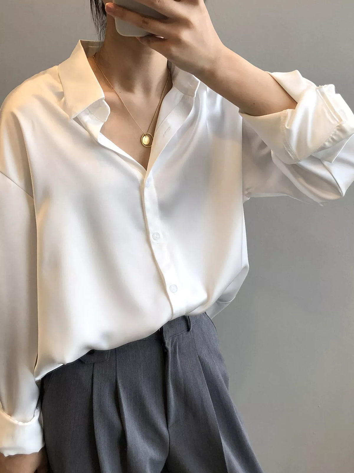 Satin shirt, white neckline detail