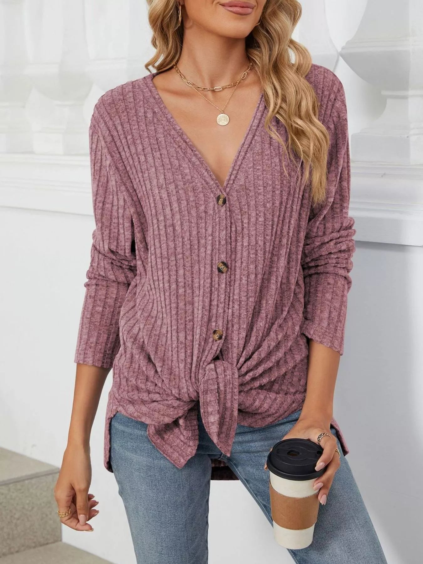 Trendsi Ribbed Button-Up Cardigan -