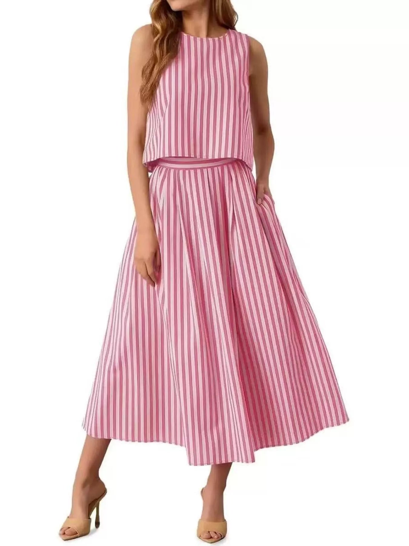 Trendsi Striped Sleeveless Top and Midi Skirt Two-Piece Set -