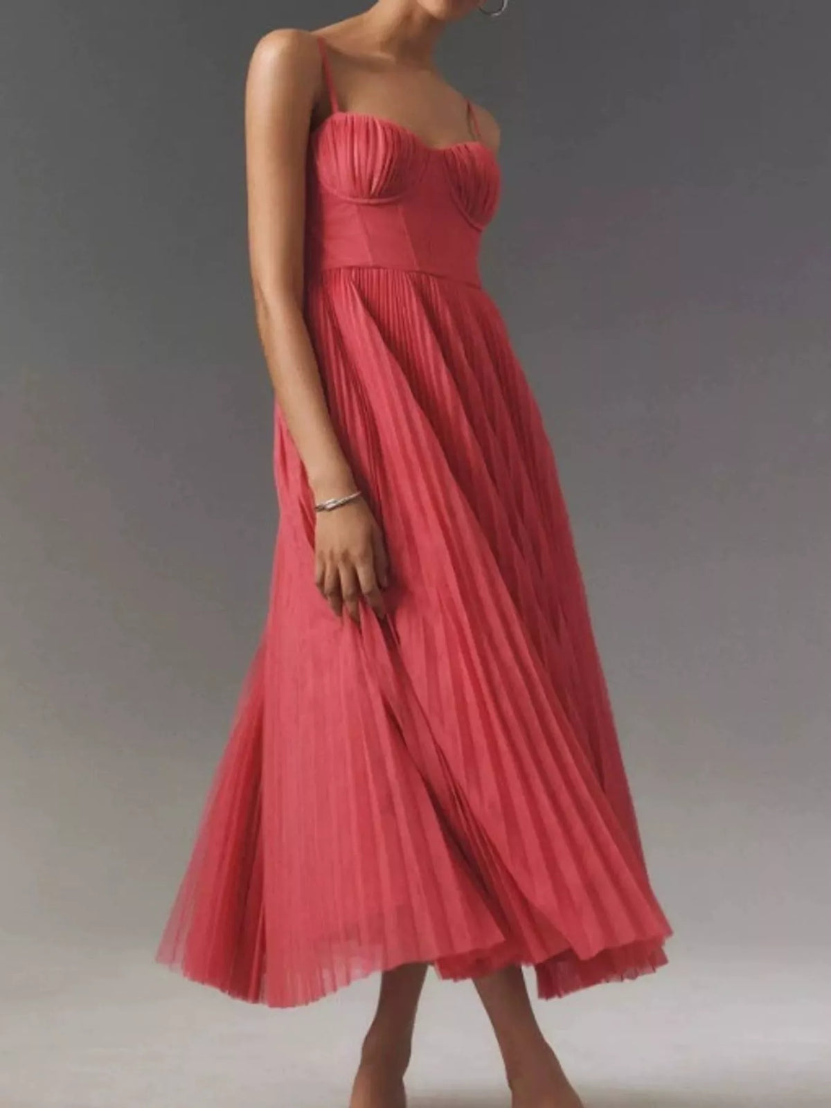Red pleated sweetheart neck midi dress — front view