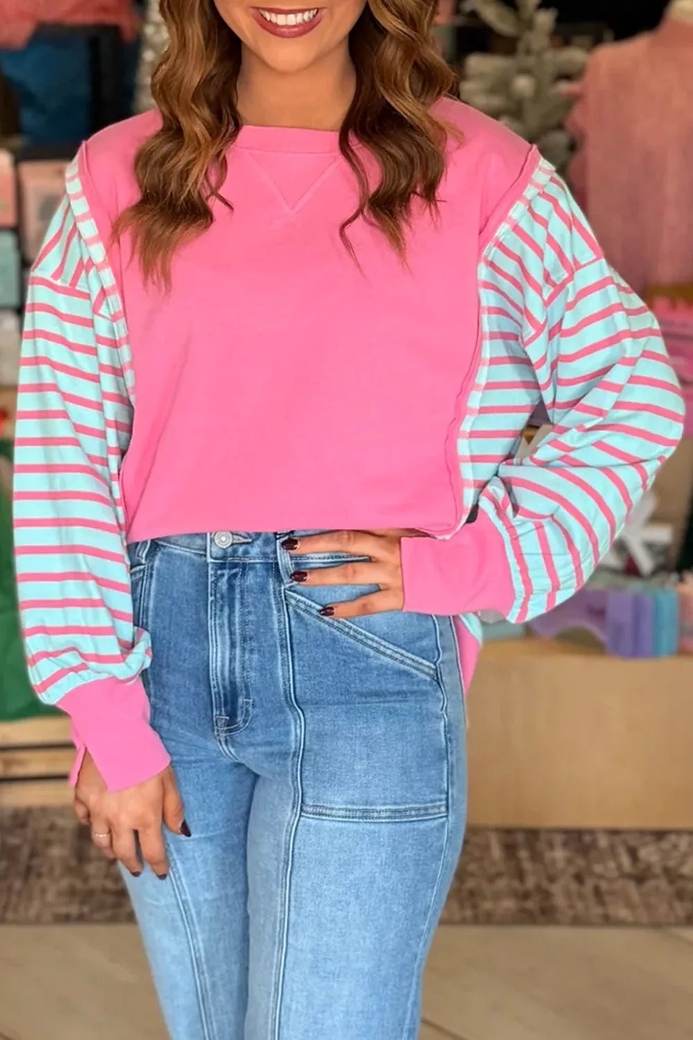 Trendsi Orchid Striped Colorblock Long Sleeve Sweatshirt -