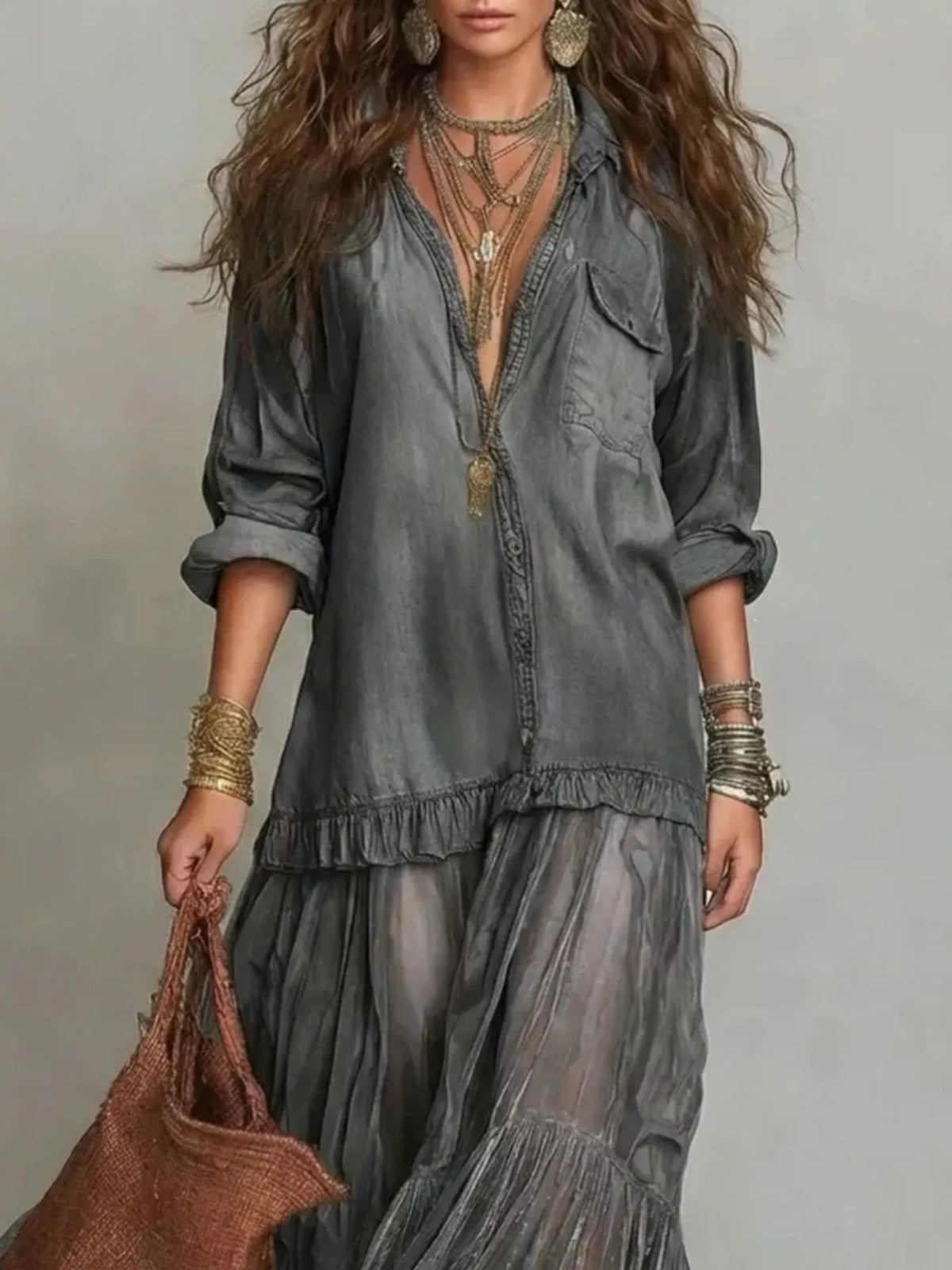 Gray sheer tiered long sleeve maxi dress — design and construction details