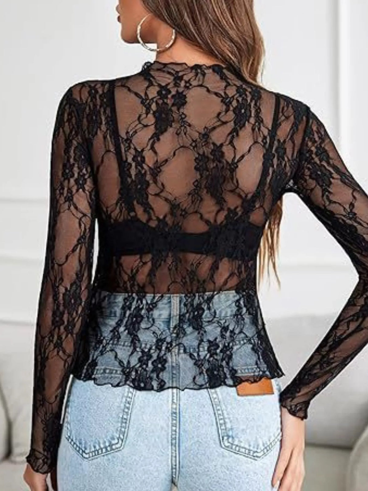 Sheer Floral Lace Long Sleeve Blouse, back view in black