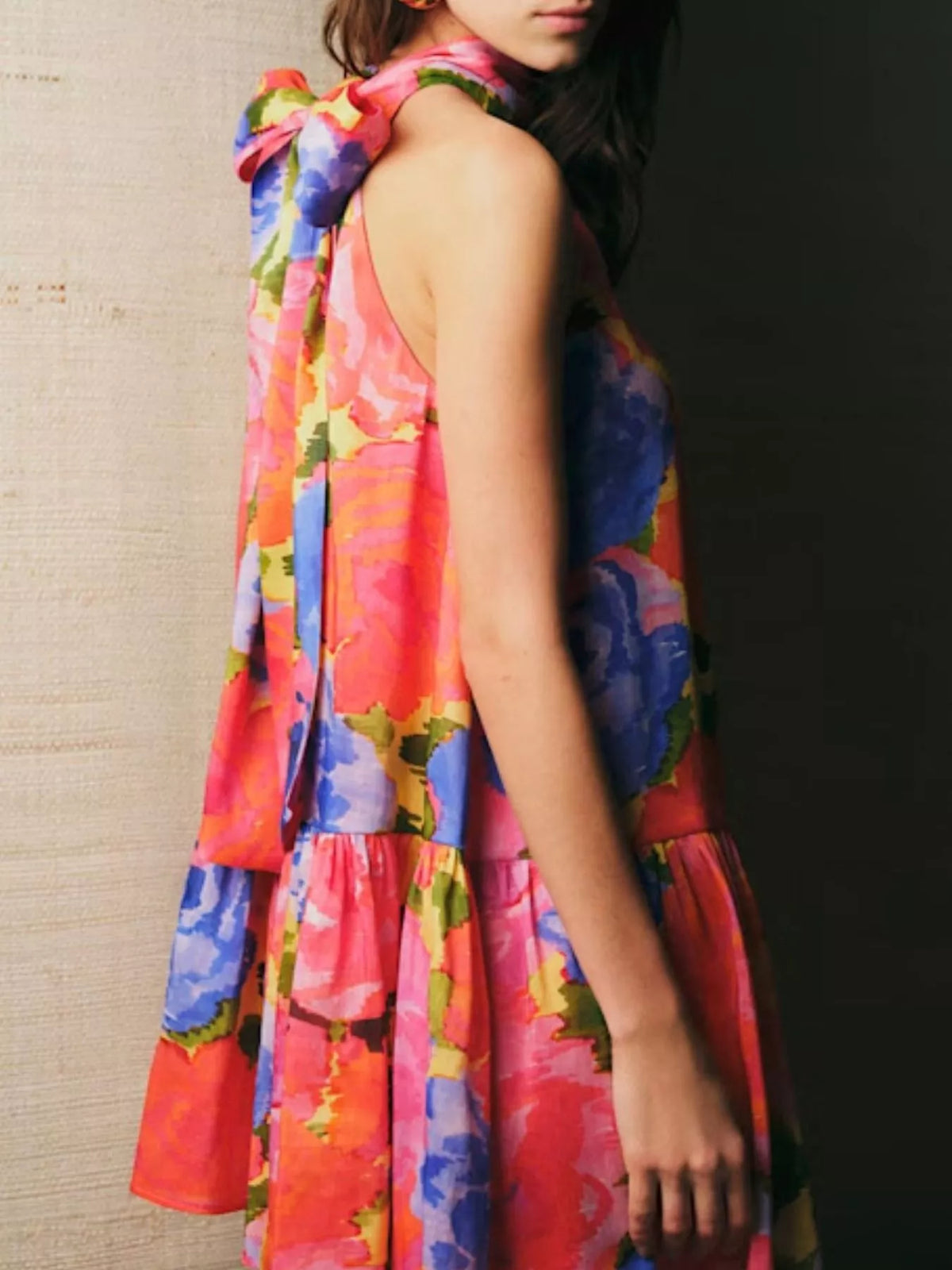 Hot Pink Floral Print Sleeveless Mini Dress with Bow back-bow side view