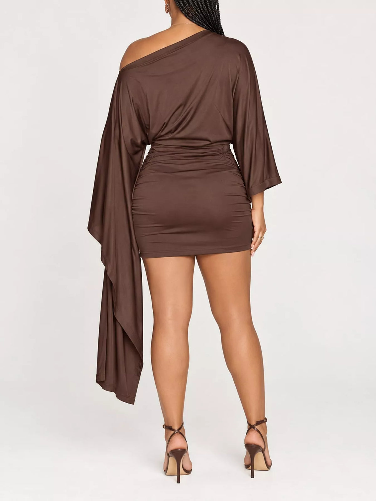 Women's One-Shoulder Draped Bodycon Mini Dress in brown — back view