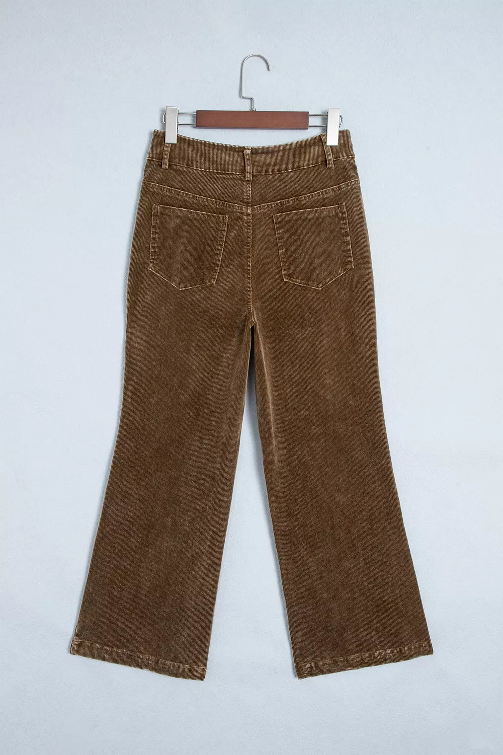 Women's Straight Leg Corduroy Metal Button Zip-up Pants in Taupe, side view