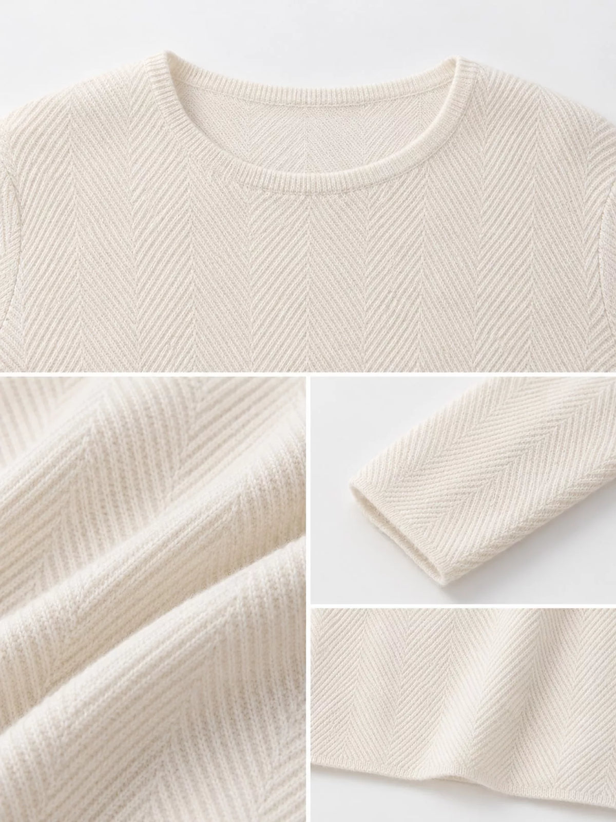 Cream herringbone knit sweater, neckline, sleeve, hem, and knit texture