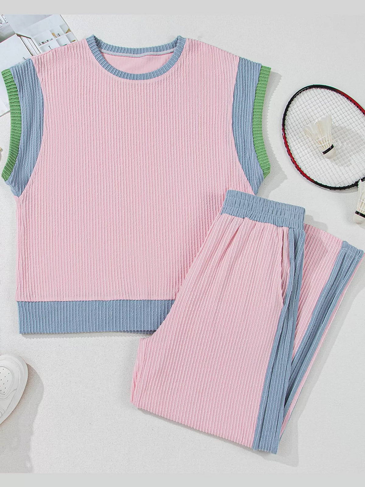 Blush Pink contrast trim top and pants set