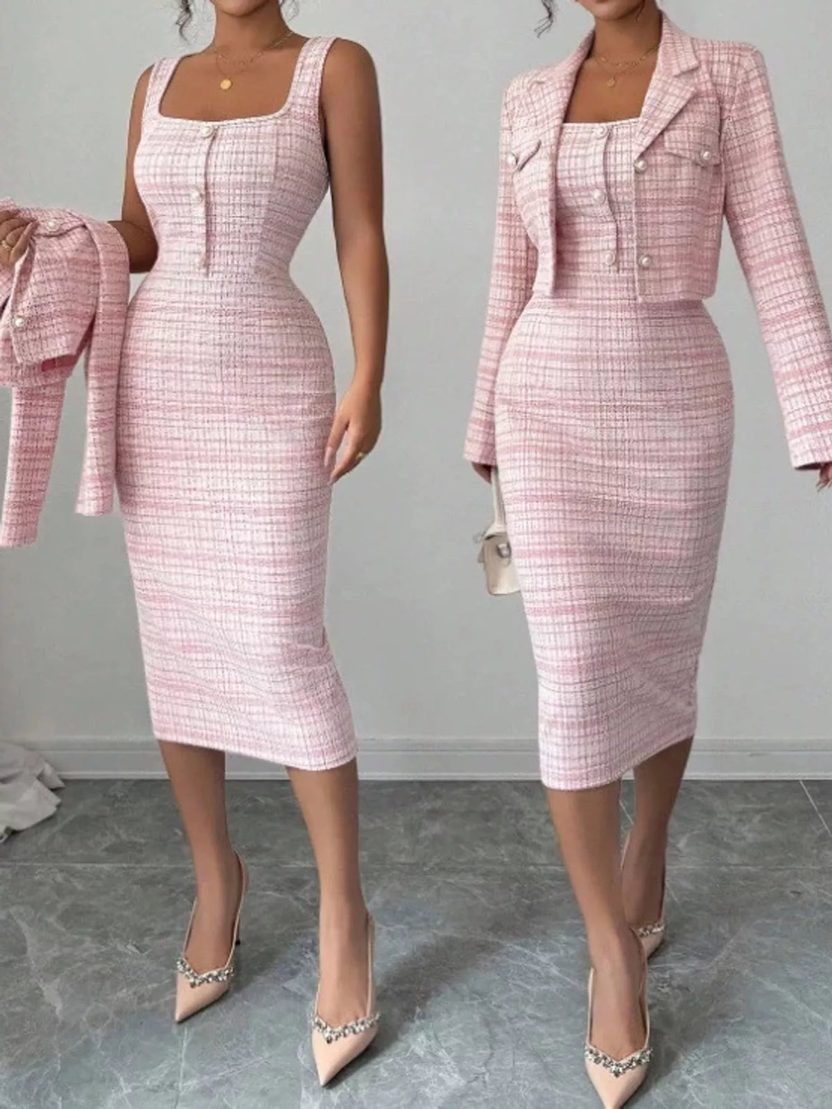 Tweed dress and cardigan set, pink dress with and without cardigan front