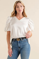 Trendsi And The Why Plain Satin Puff Shirring V Neck Blouse Top - Shirts