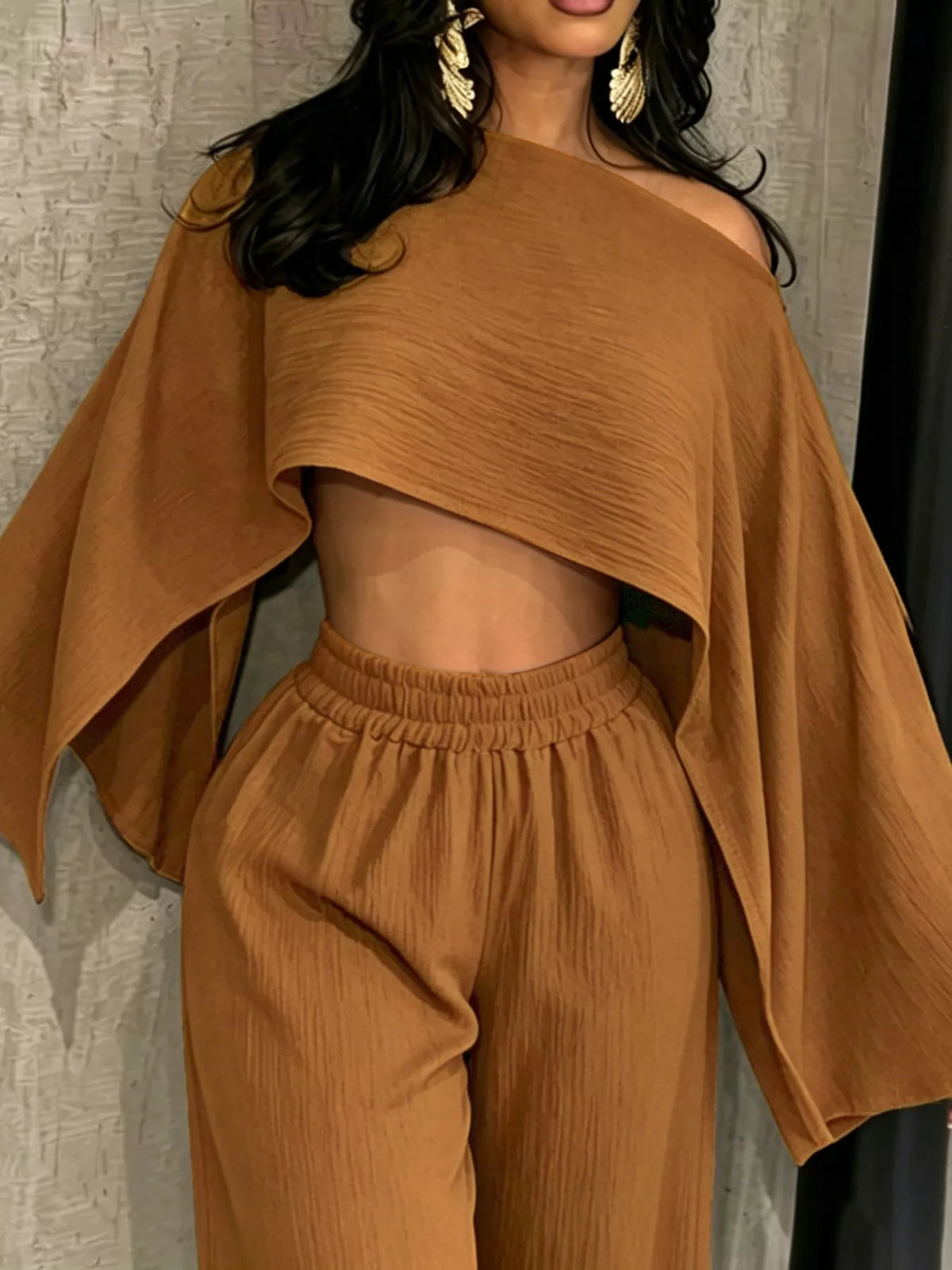 Women's Boat Neck Crop Top and Wide-Leg Pants Set in camel — bodice detail view