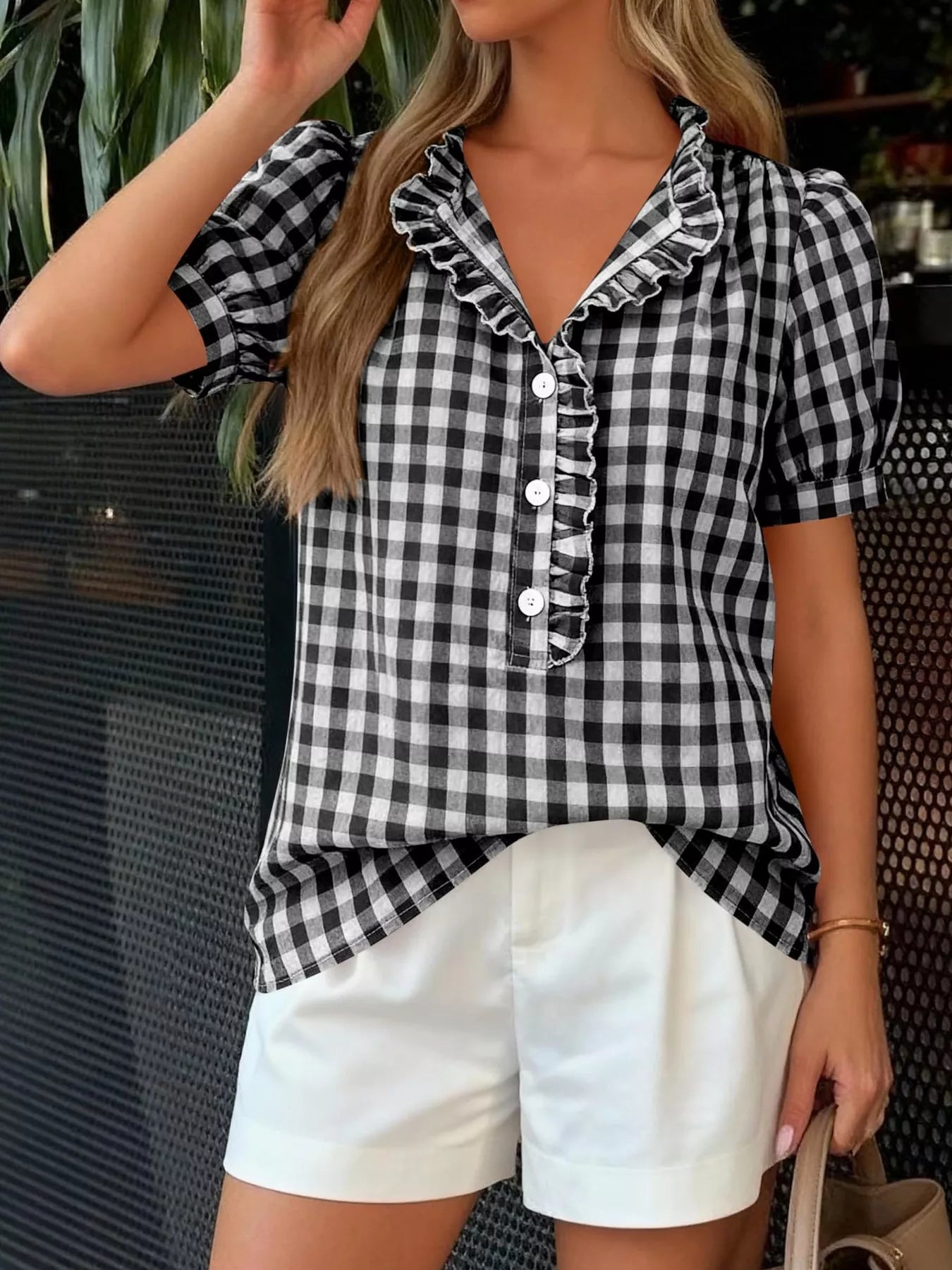 Trendsi Gingham Button Front Puff Sleeve Blouse -