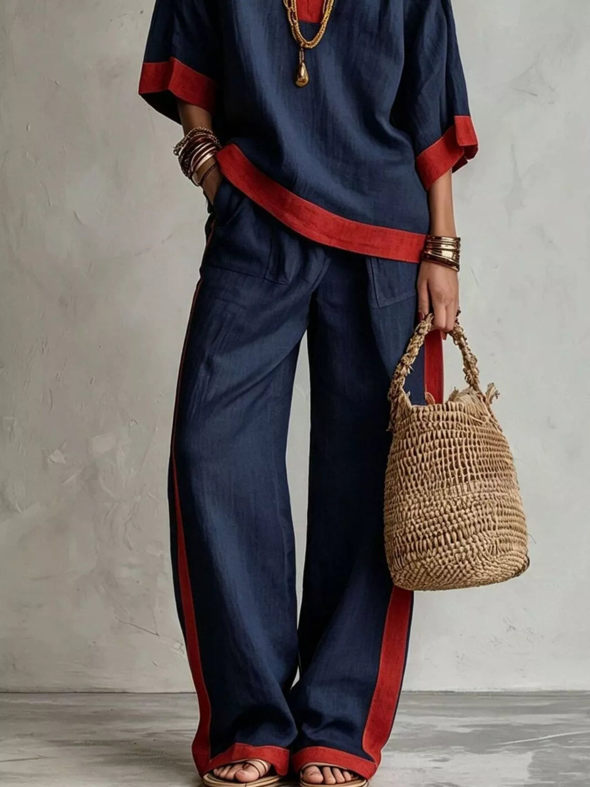 Contrast Trim Top and Wide Leg Pants Set in navy, pants detail