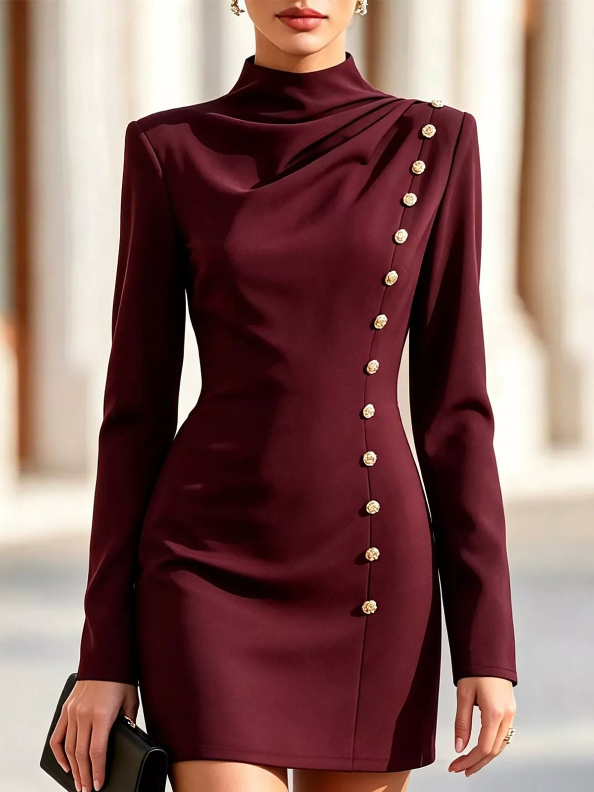 Burgundy decorative button mock neck mini dress