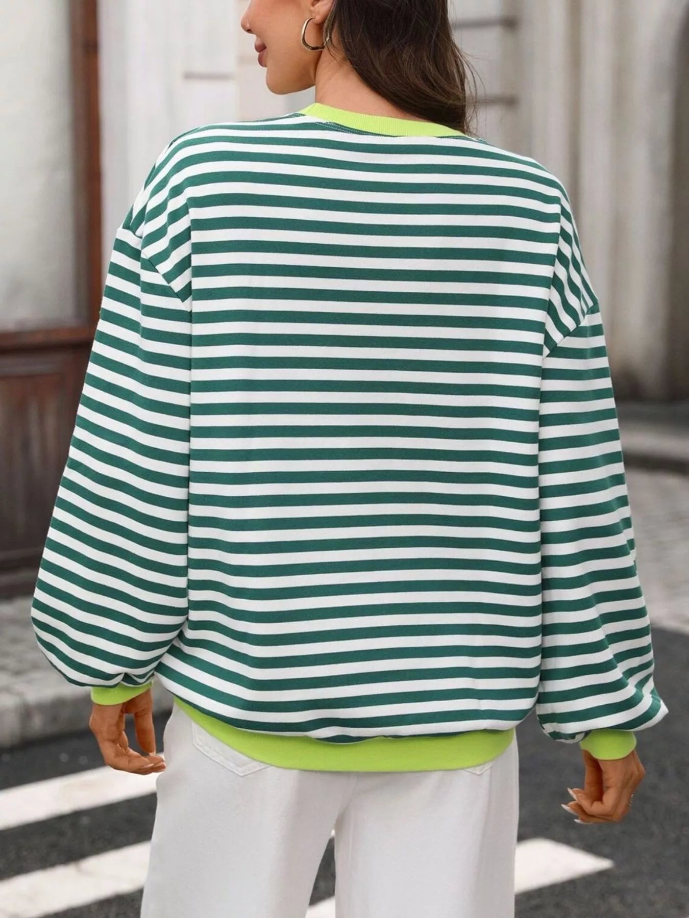 Trendsi Contrast Trim Striped Crew Neck Sweatshirt -