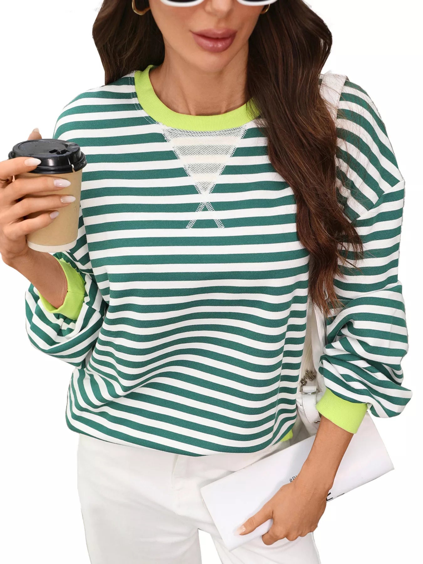 Trendsi Contrast Trim Striped Crew Neck Sweatshirt -