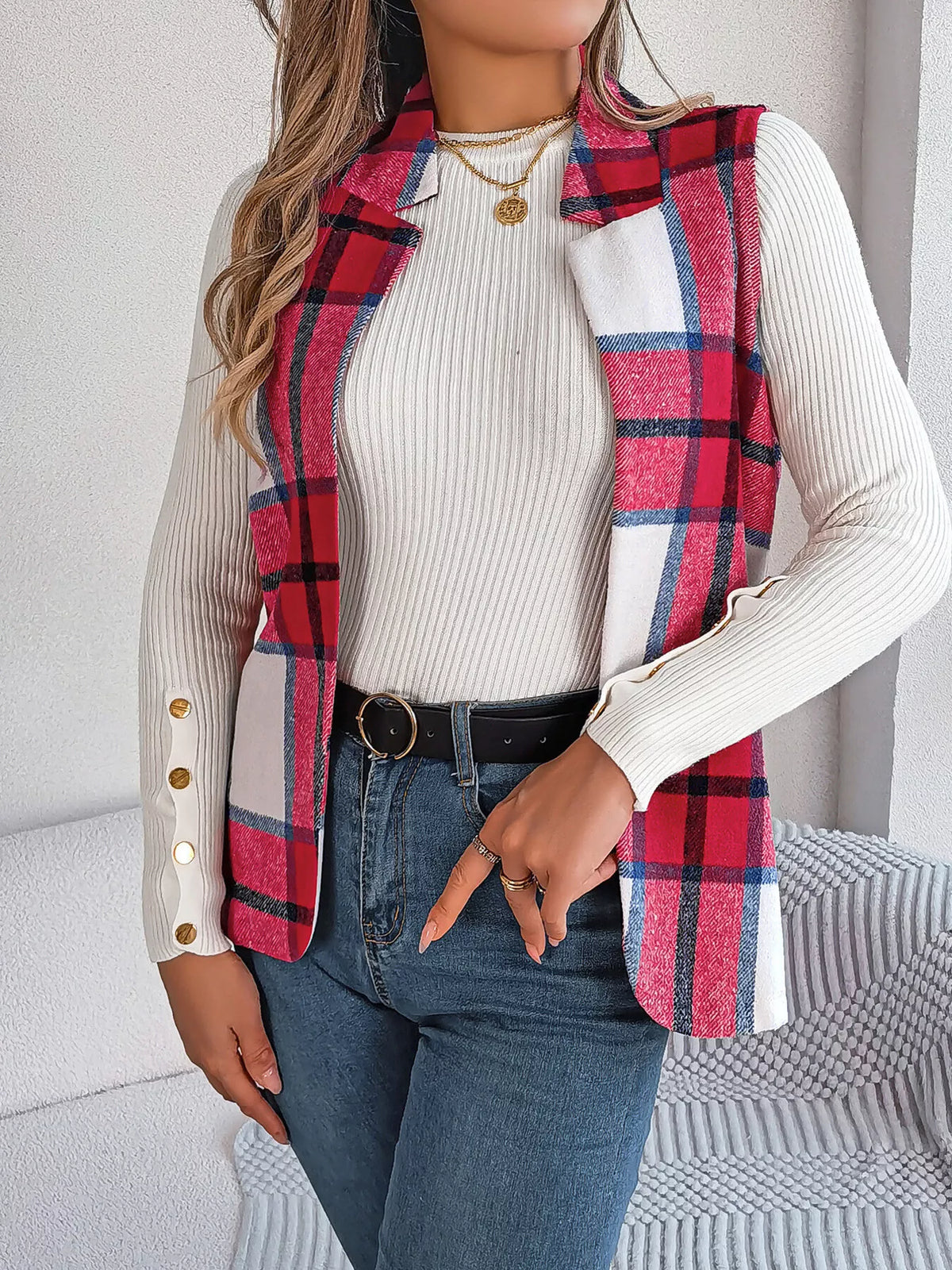 Red plaid open front vest