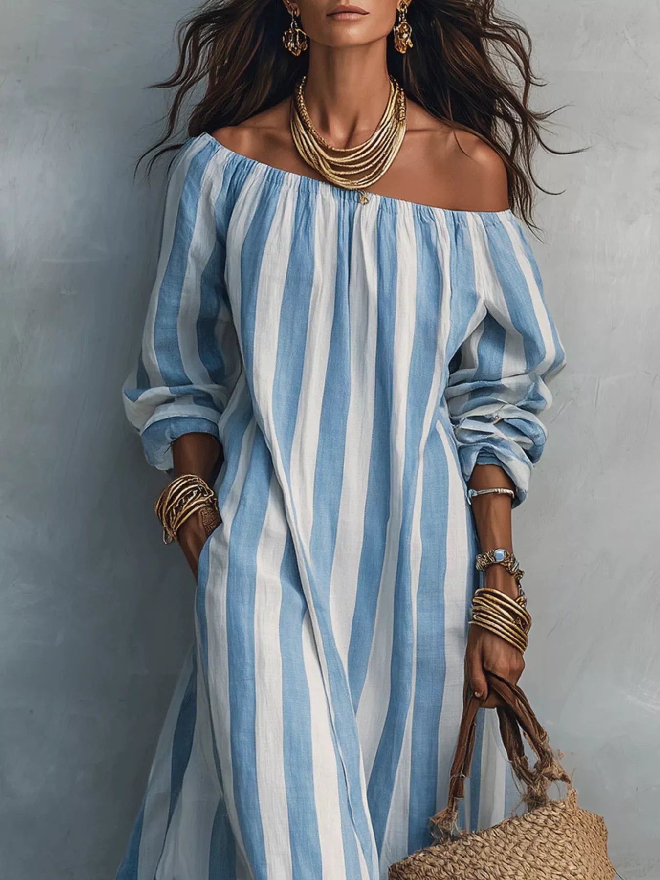 Trendsi Off-Shoulder Striped Dress with Pockets -