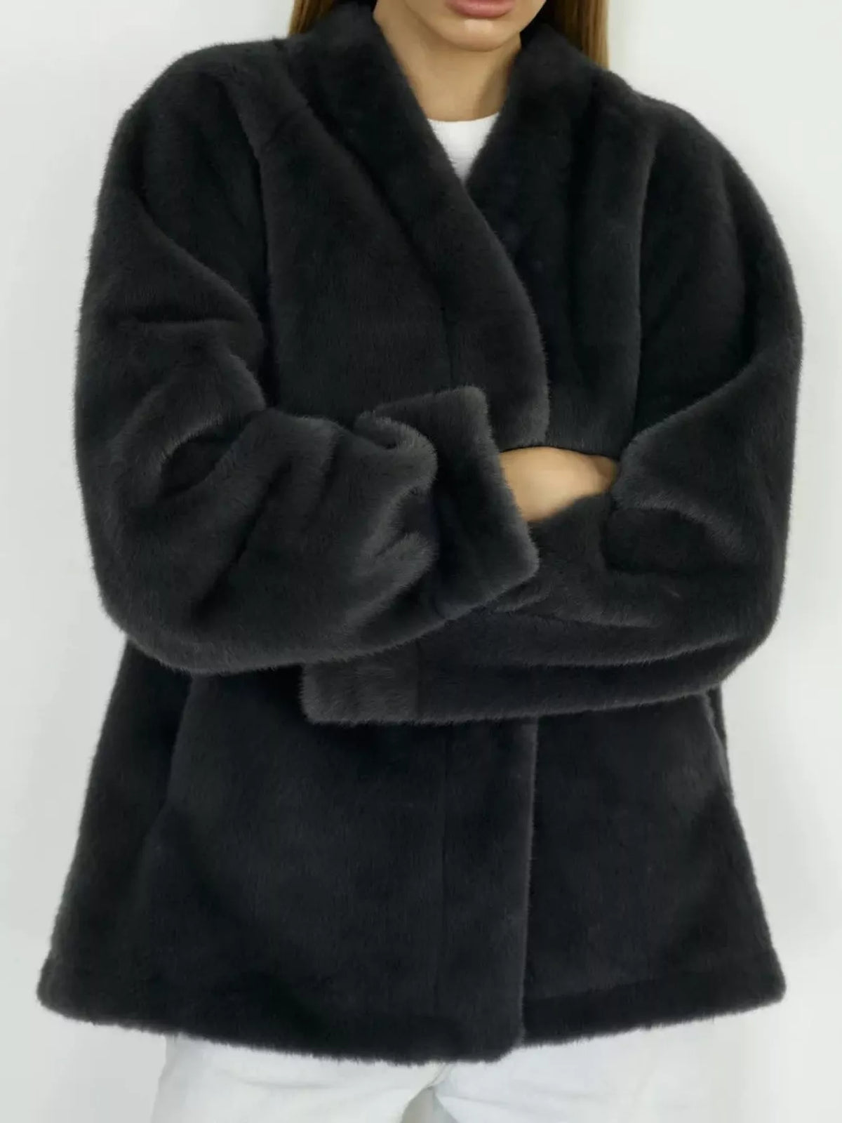 long sleeve jacket, front view on model