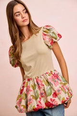 Trendsi BiBi Floral Printed Bubble Sleeves and Hem Peplum Top -