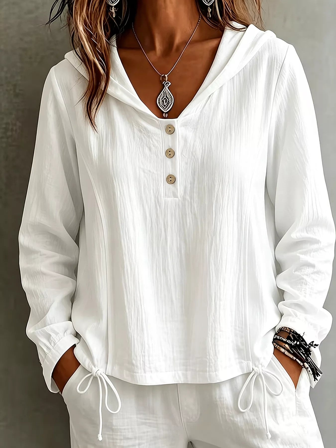 Trendsi Button Detail Long Sleeve Hooded Blouse -
