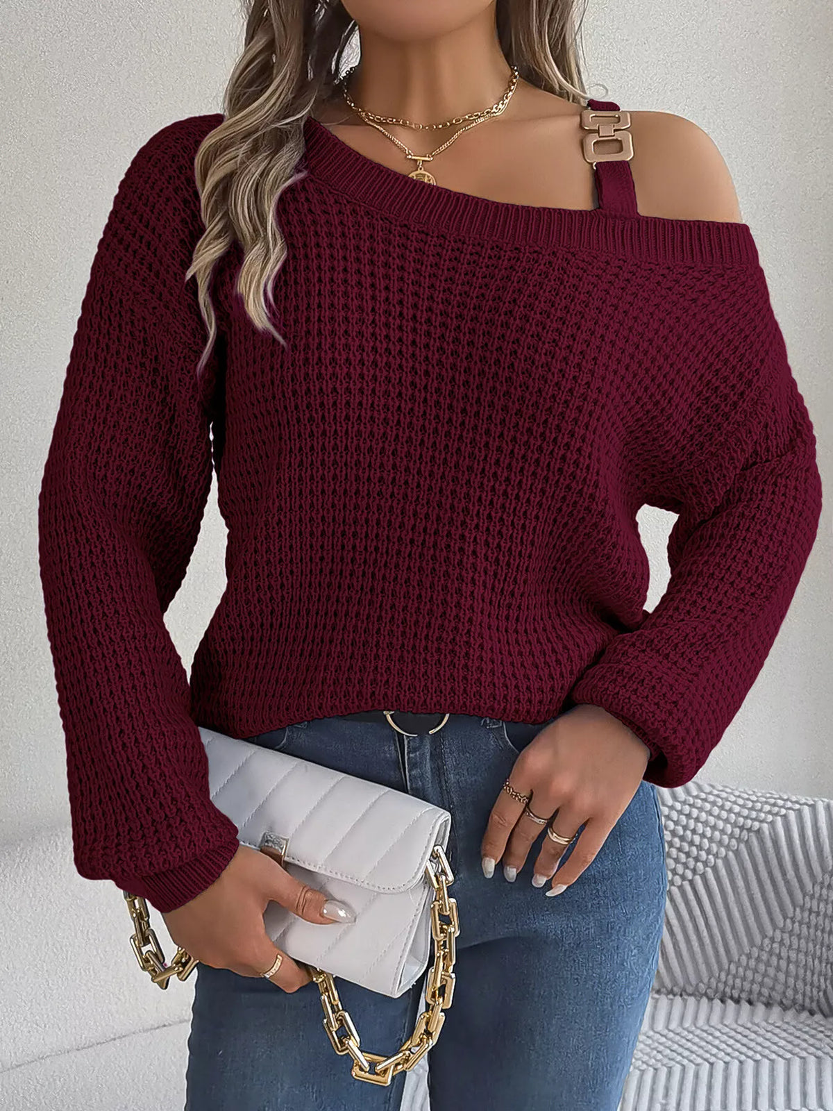 Asymmetrical Neck Long Sleeve Sweater in burgundy, front view