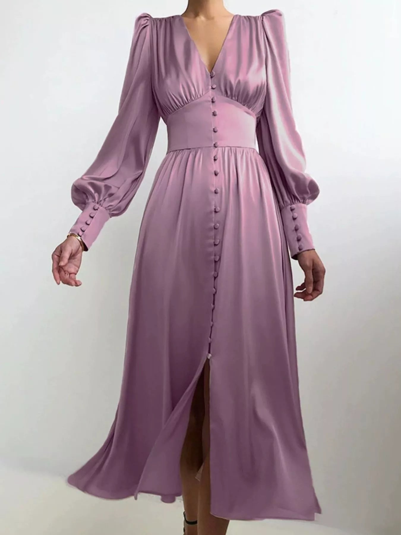 Trendsi Elegant V-Neck Puff Sleeve Button-Down Midi Dress -