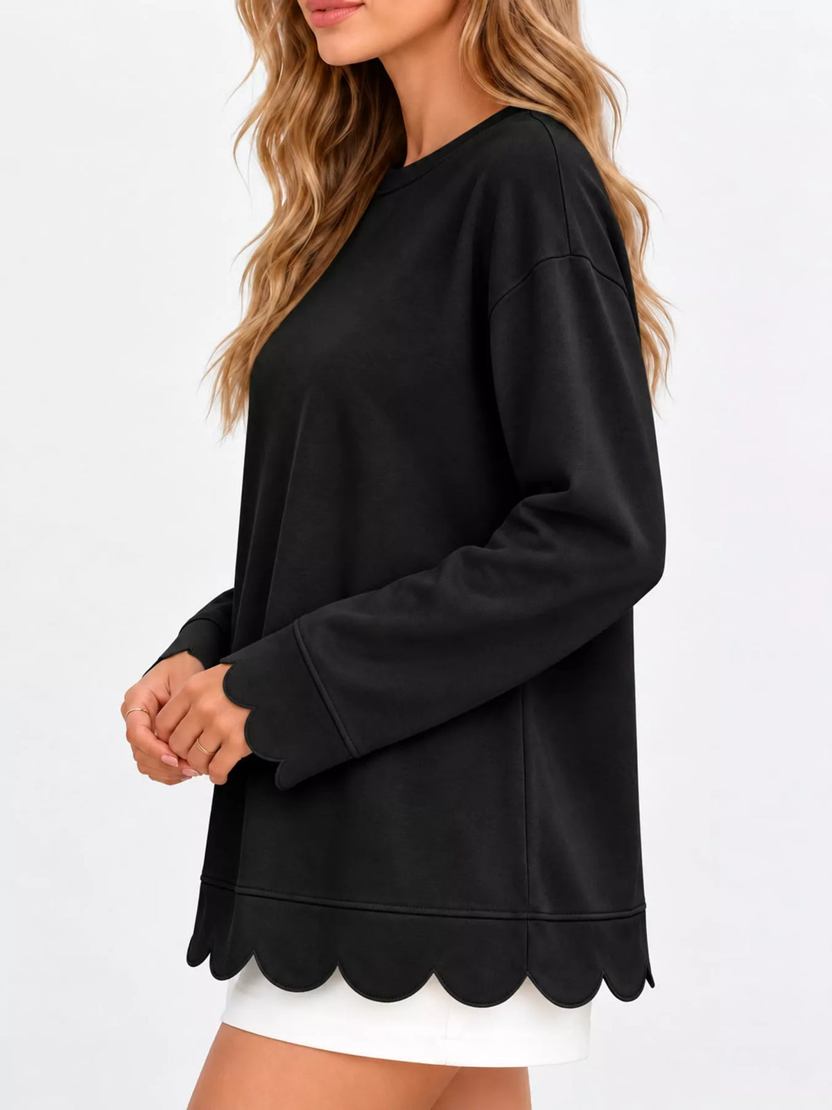 Black scalloped hem crewneck sweatshirt