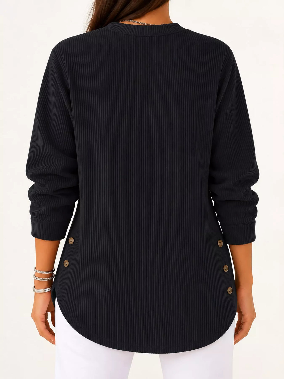 Black button detail long sleeve top, back view