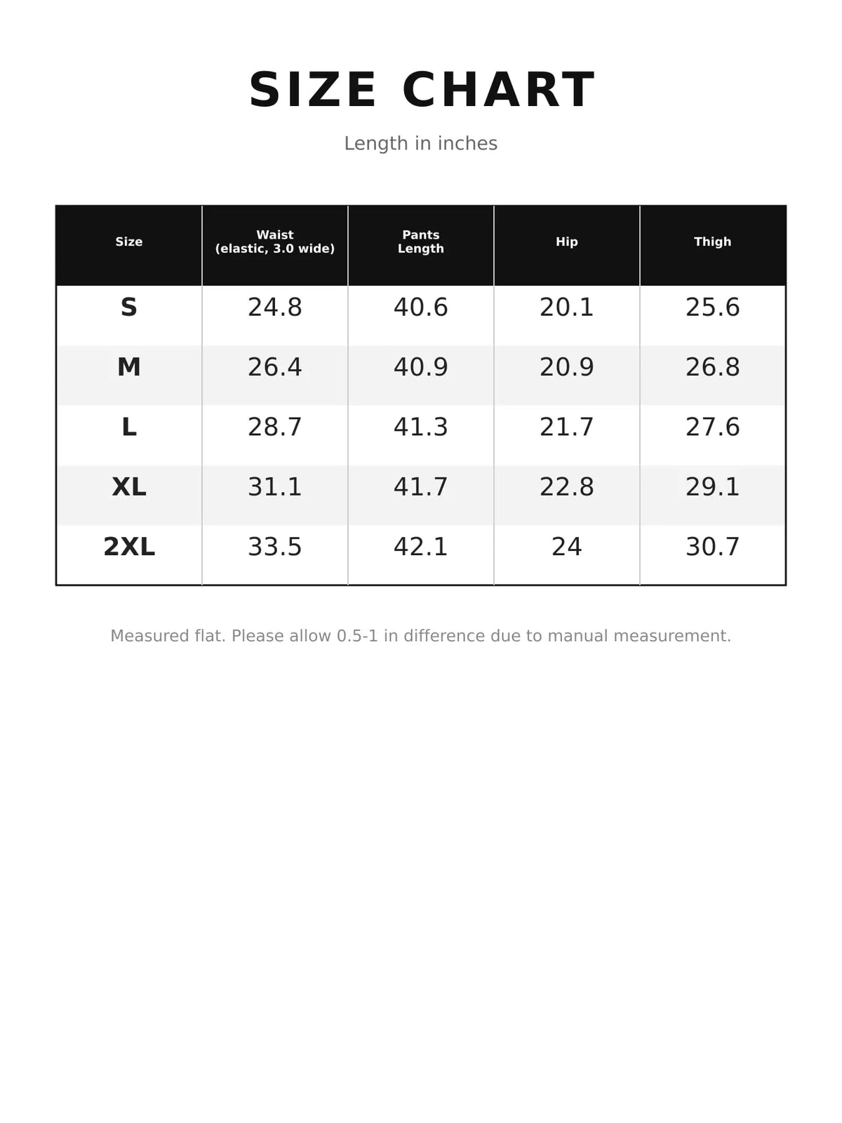 Size chart for wide-leg drawstring pants