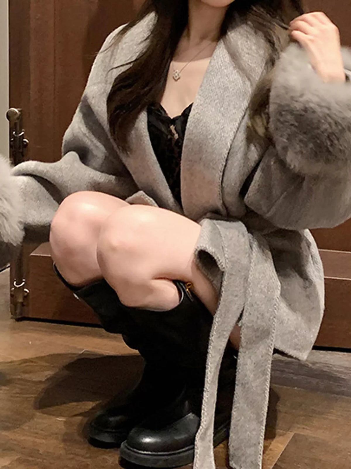 Taupe tie-waist coat with faux fur cuffs — front view