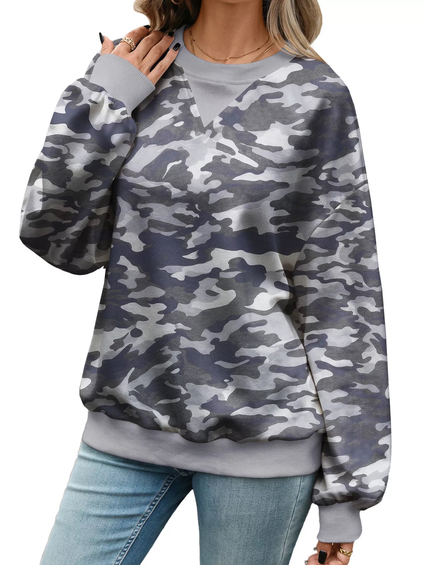 Trendsi Leaf Print Sweatshirt with Contrasting Trim -