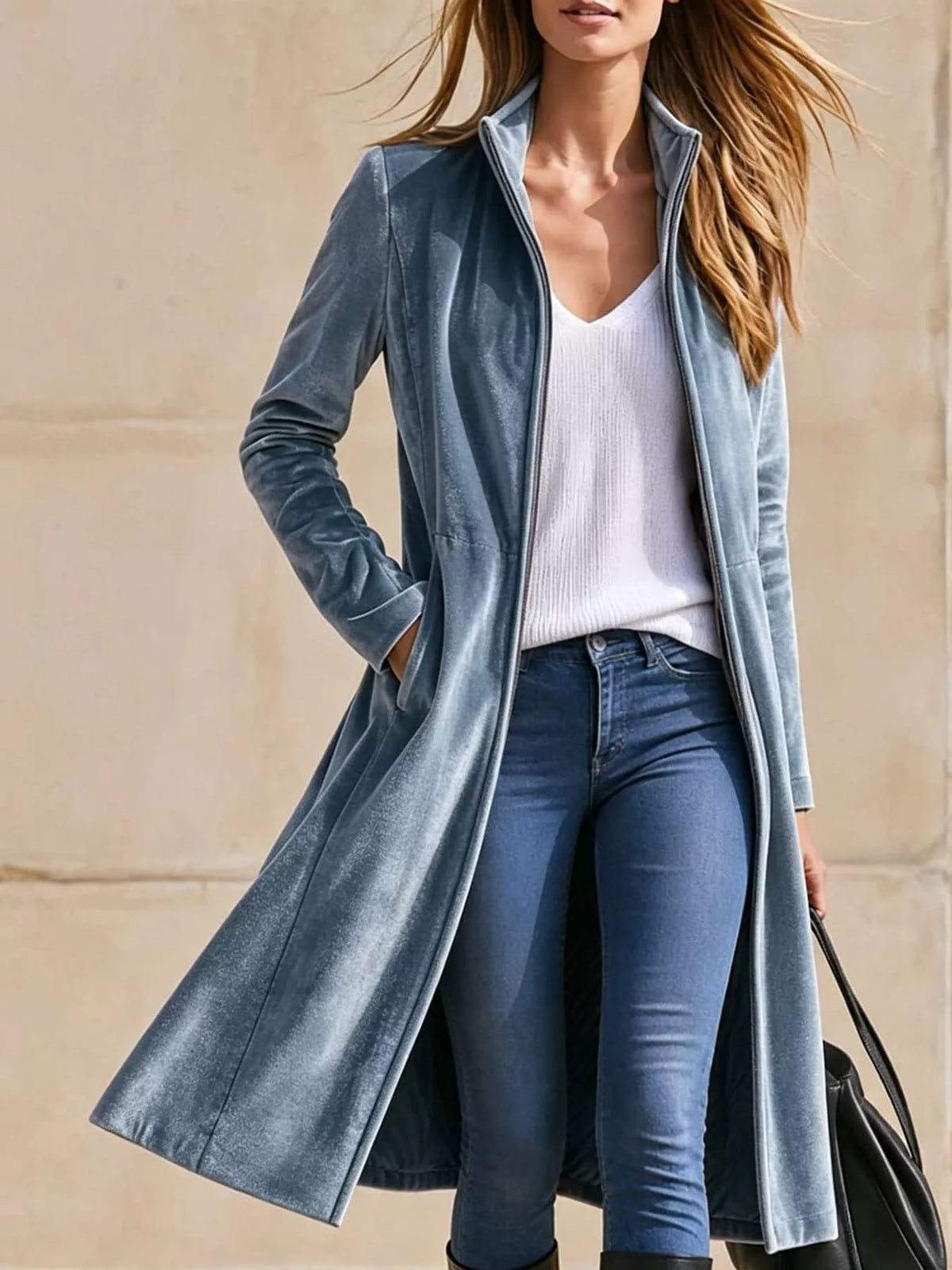 Blue velvet zip-up longline jacket