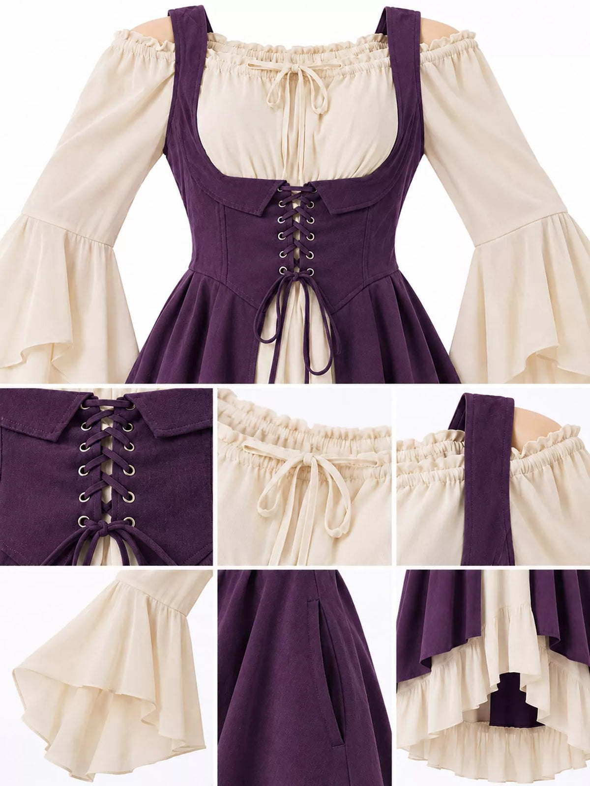 Purple corset style lace-up bell sleeve dress — design and construction details