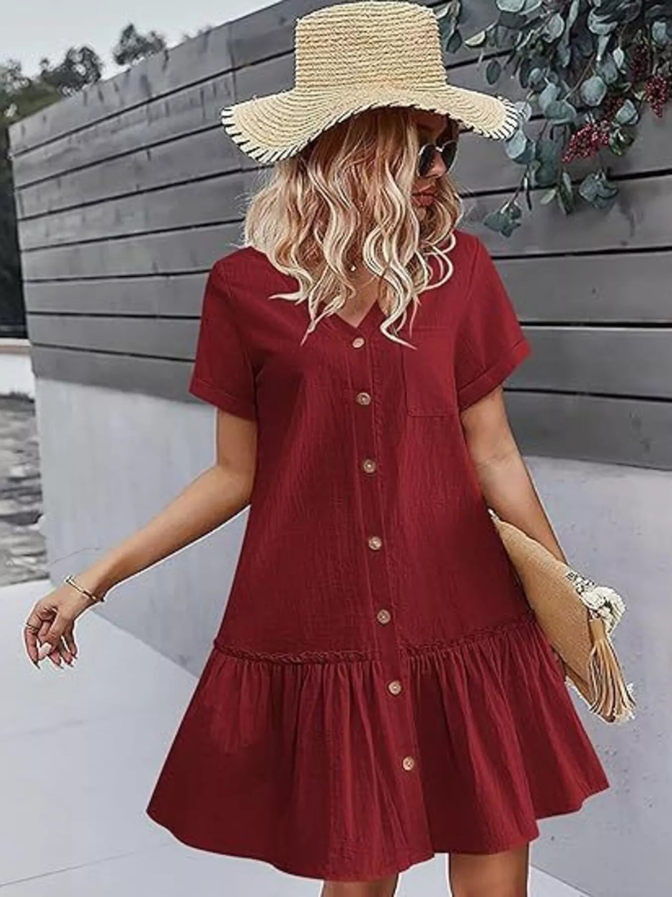 Trendsi Full Size Button-Down Ruffle Hem Mini Dress Plus Size -