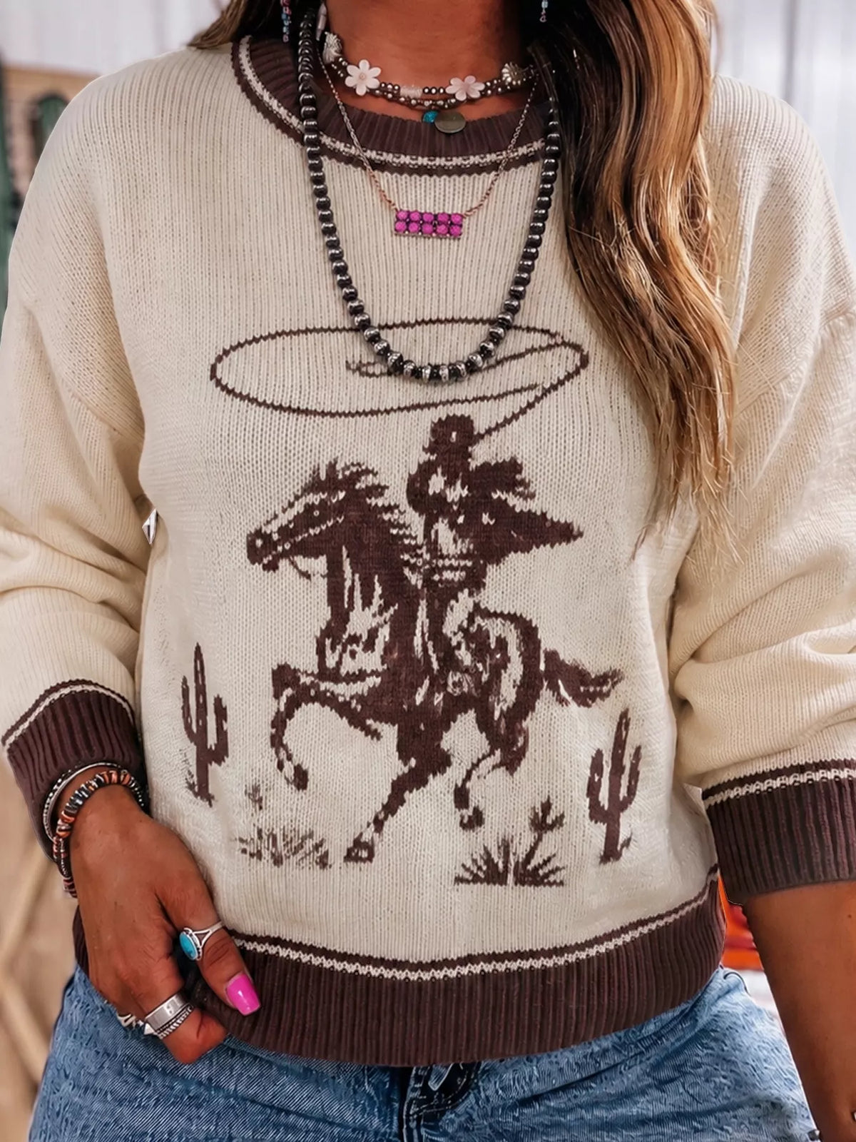 Western Cowboy Graphic Round Neck Sweater in beige, front view