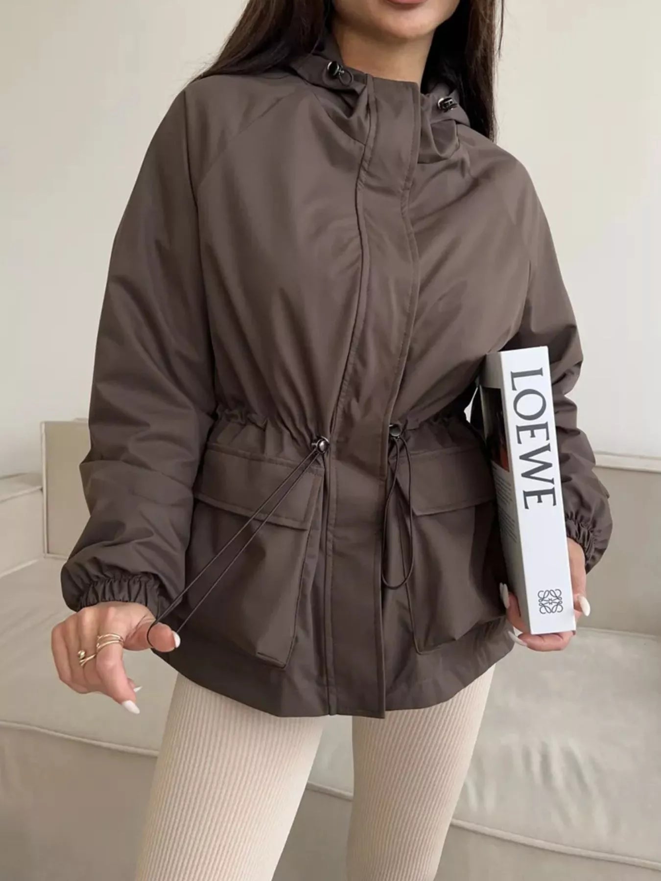 Trendsi Drawstring Waist Hooded Windbreaker Outerwear -