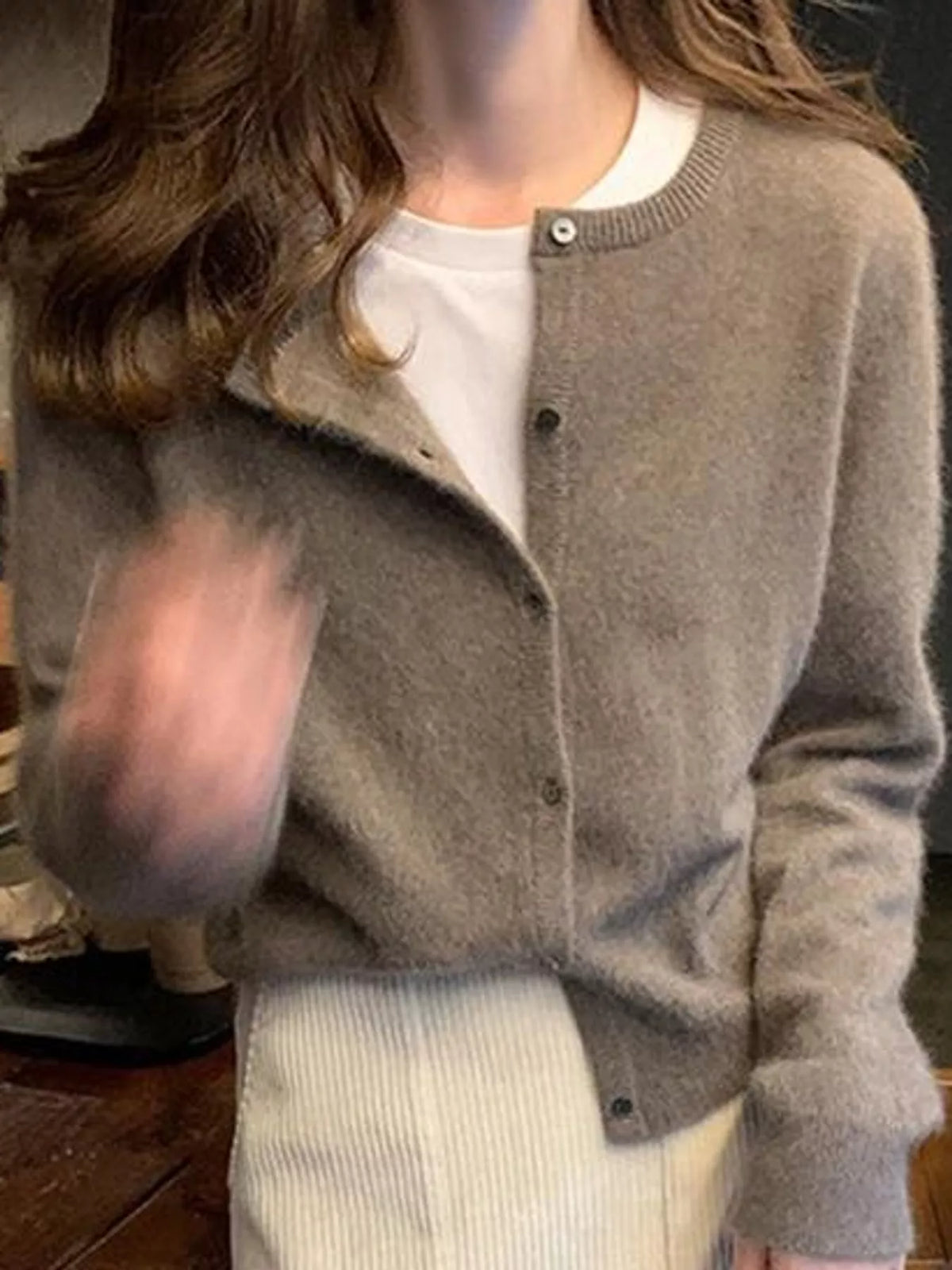 Women's Crew Neck Button-Down Knit Cardigan in taupe — front view