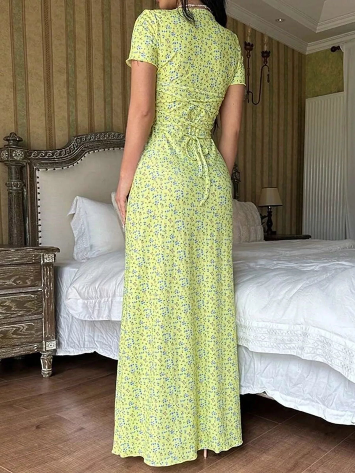 Short-Sleeve Tie-Back Maxi Dress in yellow floral, front view