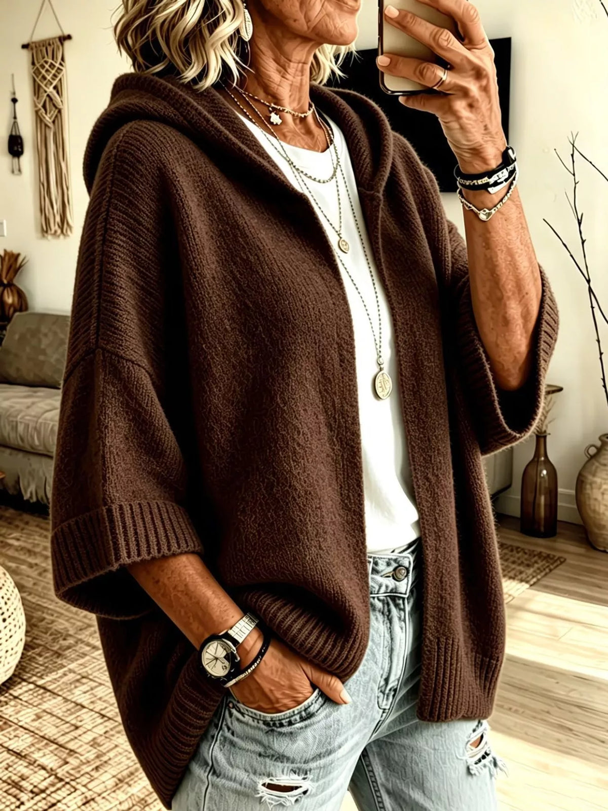 Hooded knit cardigan, brown front