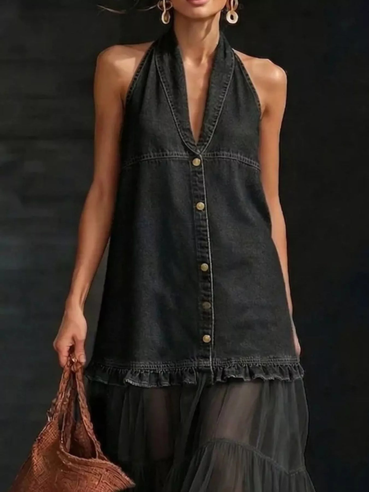 Black halter neck dress with tulle ruffle hem — design and construction details
