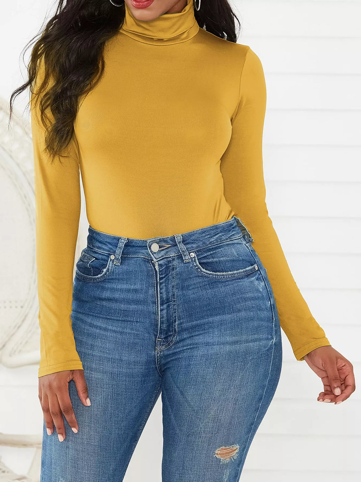 Long Sleeve Turtleneck Slim-Fit Bodysuit in yellow